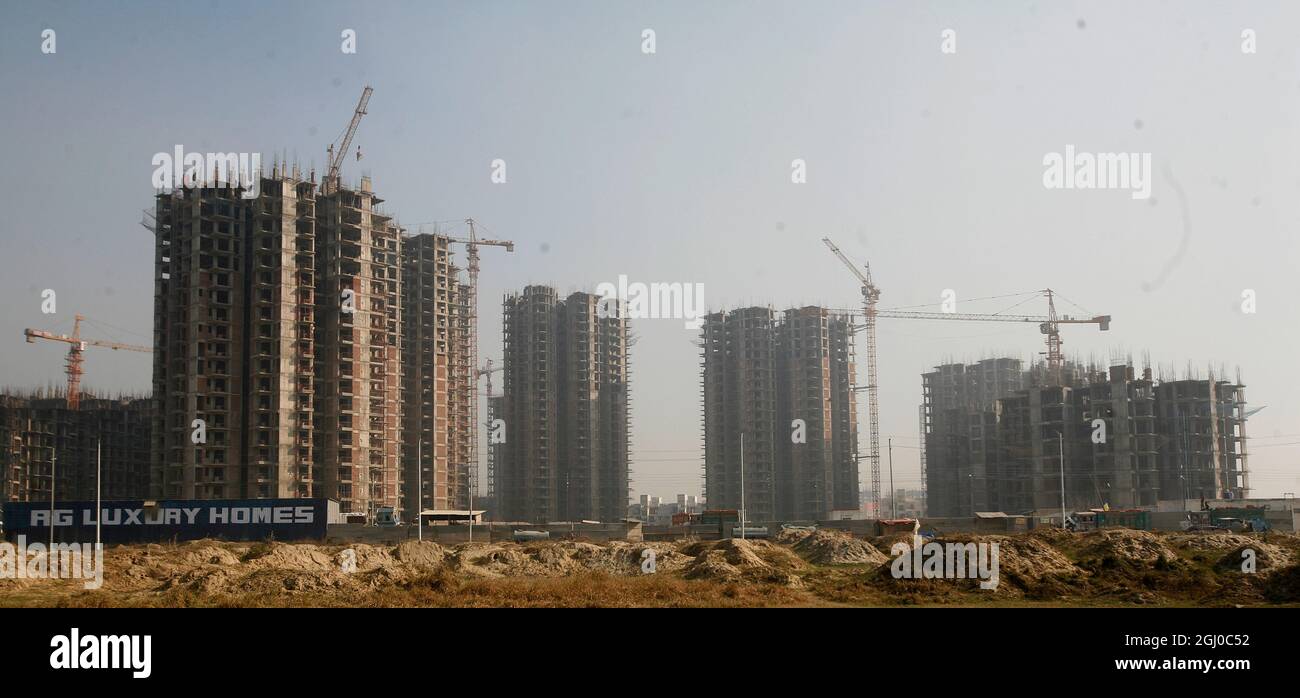 A view of a construction site of residential apartment in Greater Noida Delhi NCR, India. Stock Photo