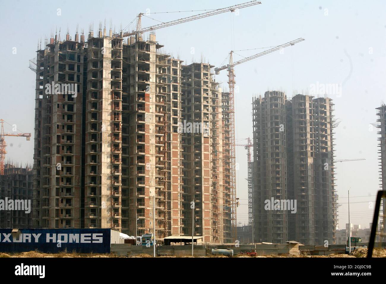 A view of a construction site of residential apartment in Greater Noida Delhi NCR, India. Stock Photo