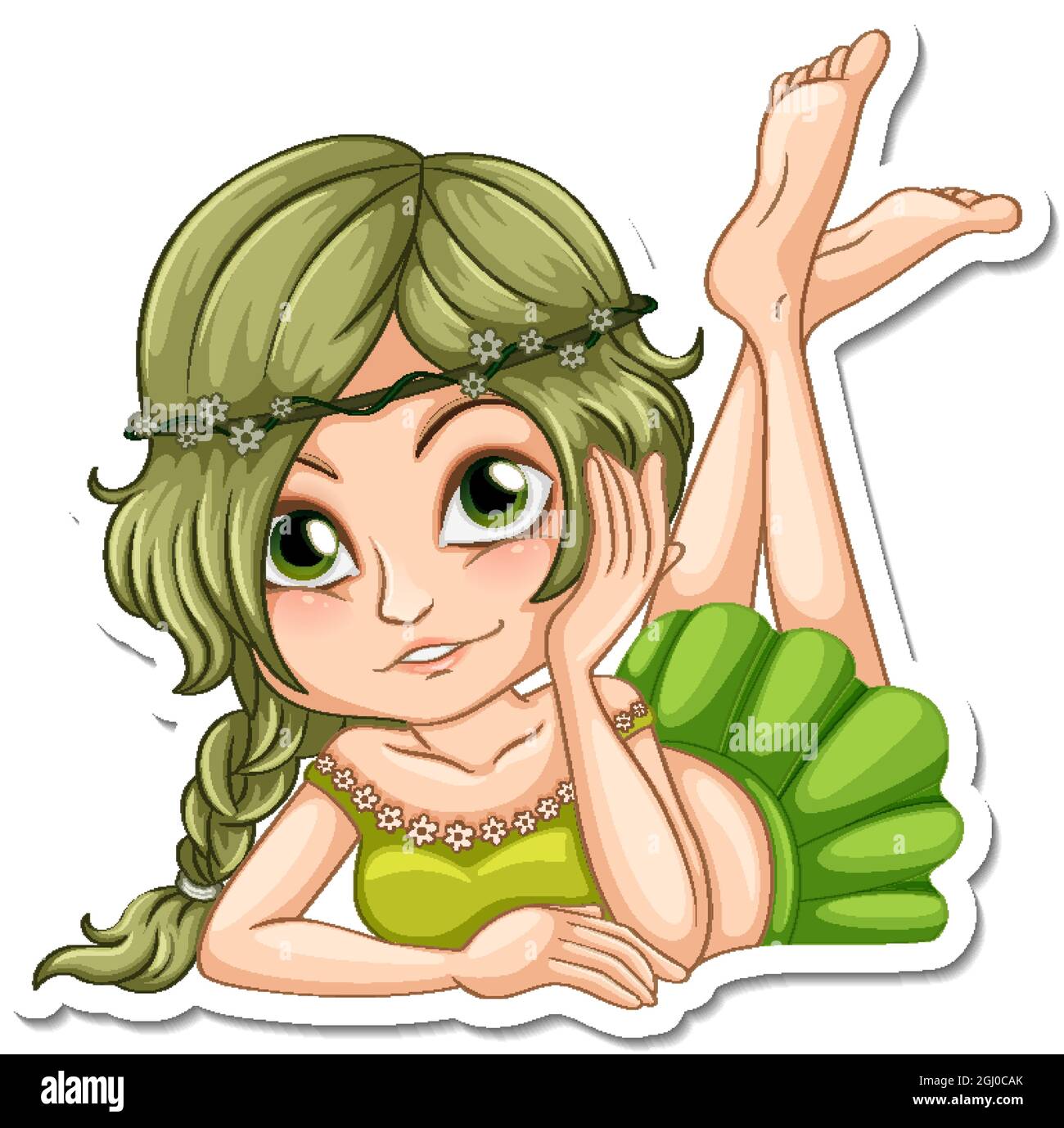 Beautiful fairy in green dress cartoon character sticker illustration
