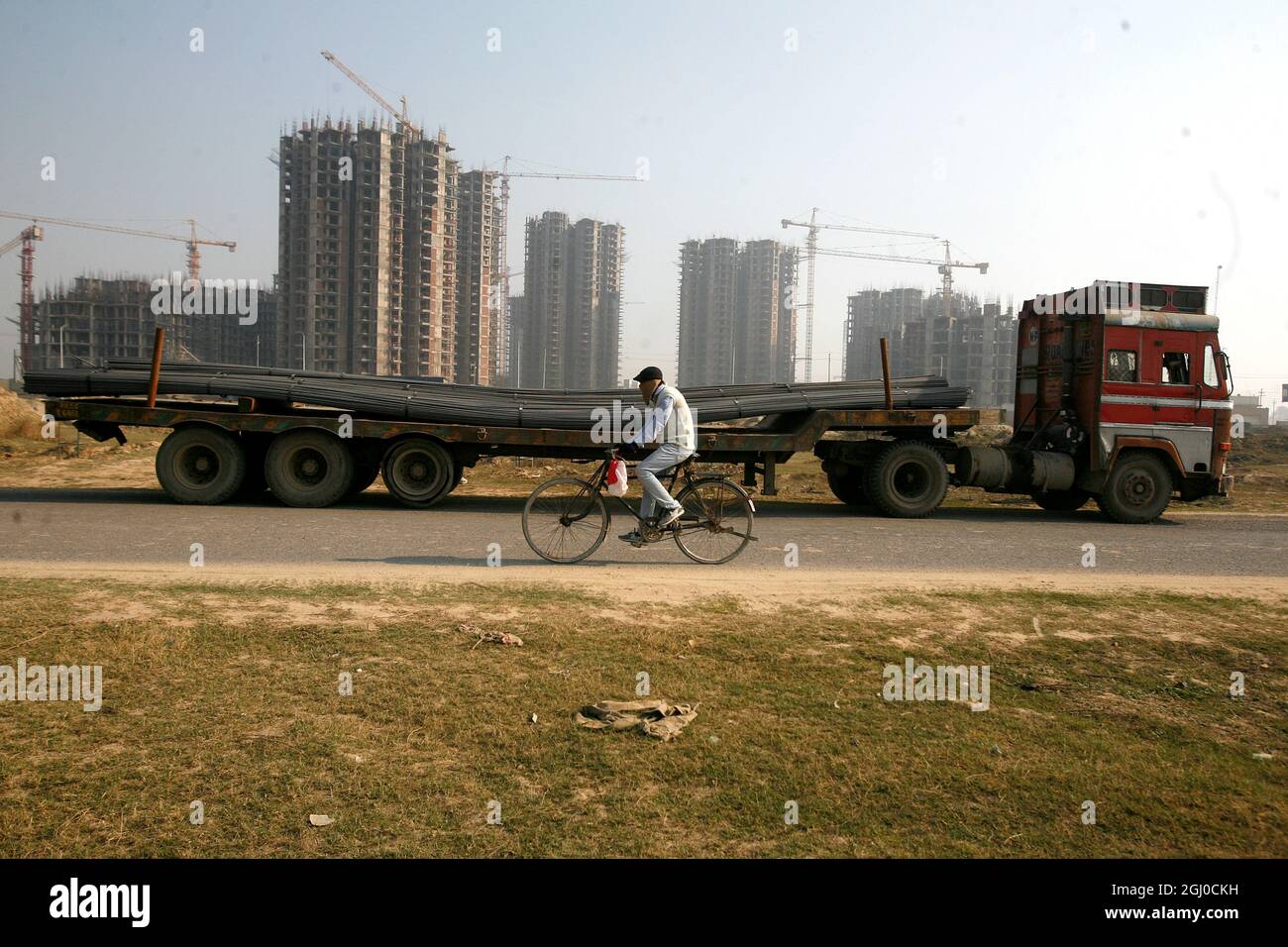 A view of a construction site of residential apartment in Greater Noida Delhi NCR, India. Stock Photo