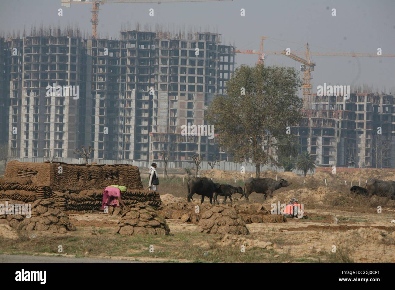 A view of a construction site of residential apartment in Greater Noida Delhi NCR, India. Stock Photo