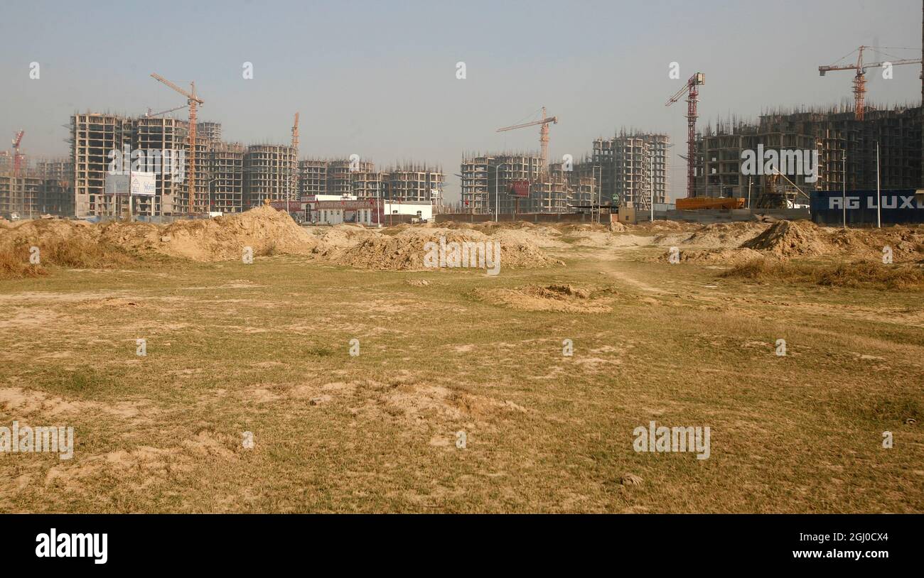 A view of a construction site of residential apartment in Greater Noida Delhi NCR, India. Stock Photo