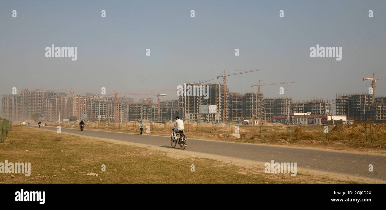 A view of a construction site of residential apartment in Greater Noida Delhi NCR, India. Stock Photo