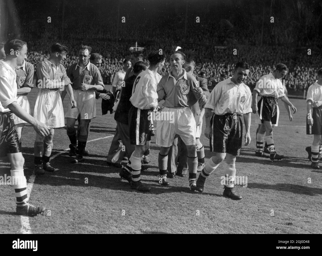 1953 FA Cup Final Bolton Wanderers v Blackpool As soon as the final whistle had sounded Billy Moir the Bolton captain was one of the first of the Bolton team to congratulate Stanley Matthews. 2nd May 1953 Stock Photo