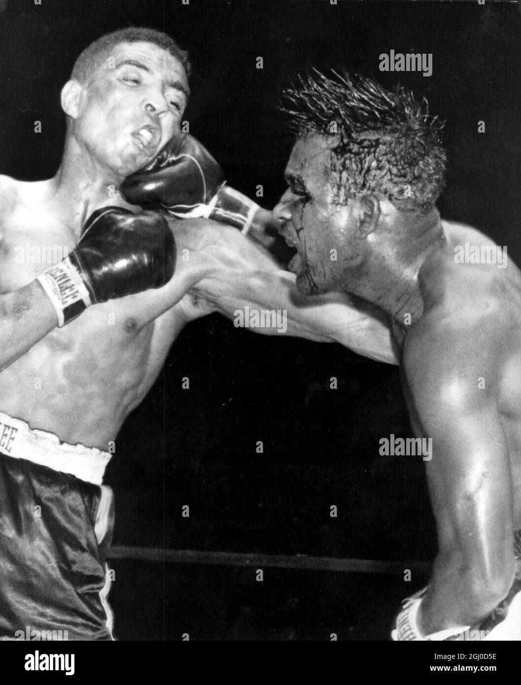 Amercan Sugar Ray Robinson regained the World Middleweight Championship from Britain's Randolph Turpin. In this picture Sugar Ray has blood welling out of his eye, hair on end, mouth wide open, slings a hard right to Turpin's jaw. 13th September 1951 Stock Photo