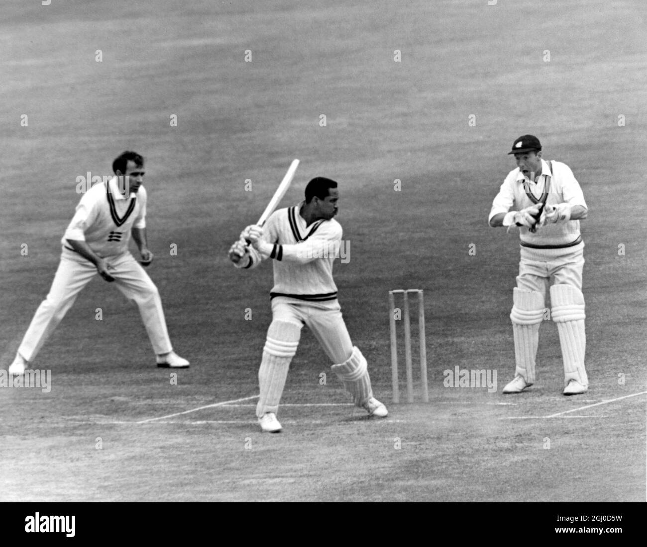 G S Sobers (Notts) plays a ball from F J Titmus. 14th June 1968 Stock ...