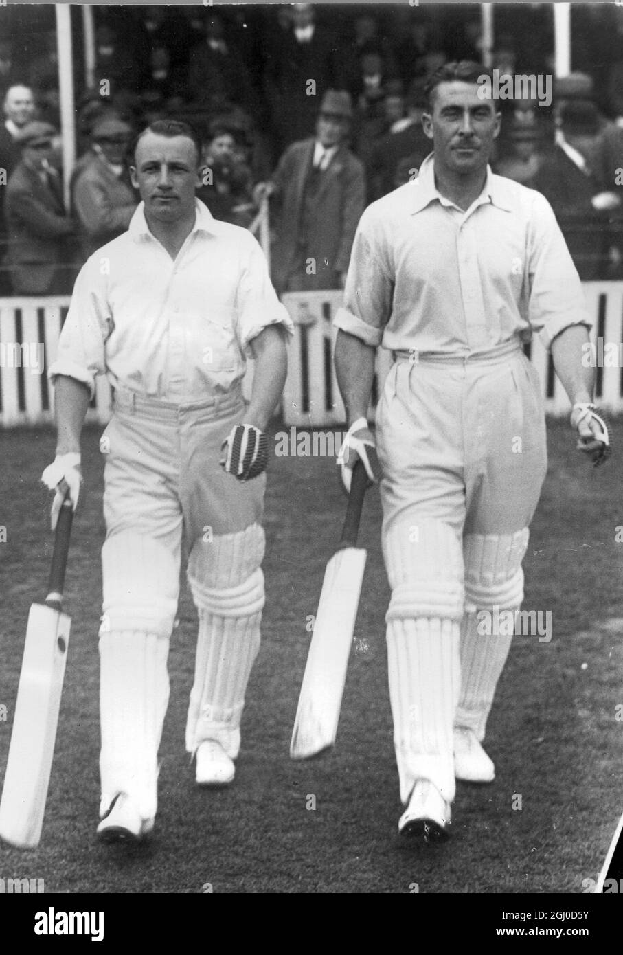 Don Bradman and V Richardson coming out to bat during Bradman's 252 not out against Surrey 24th May 1930 Stock Photo