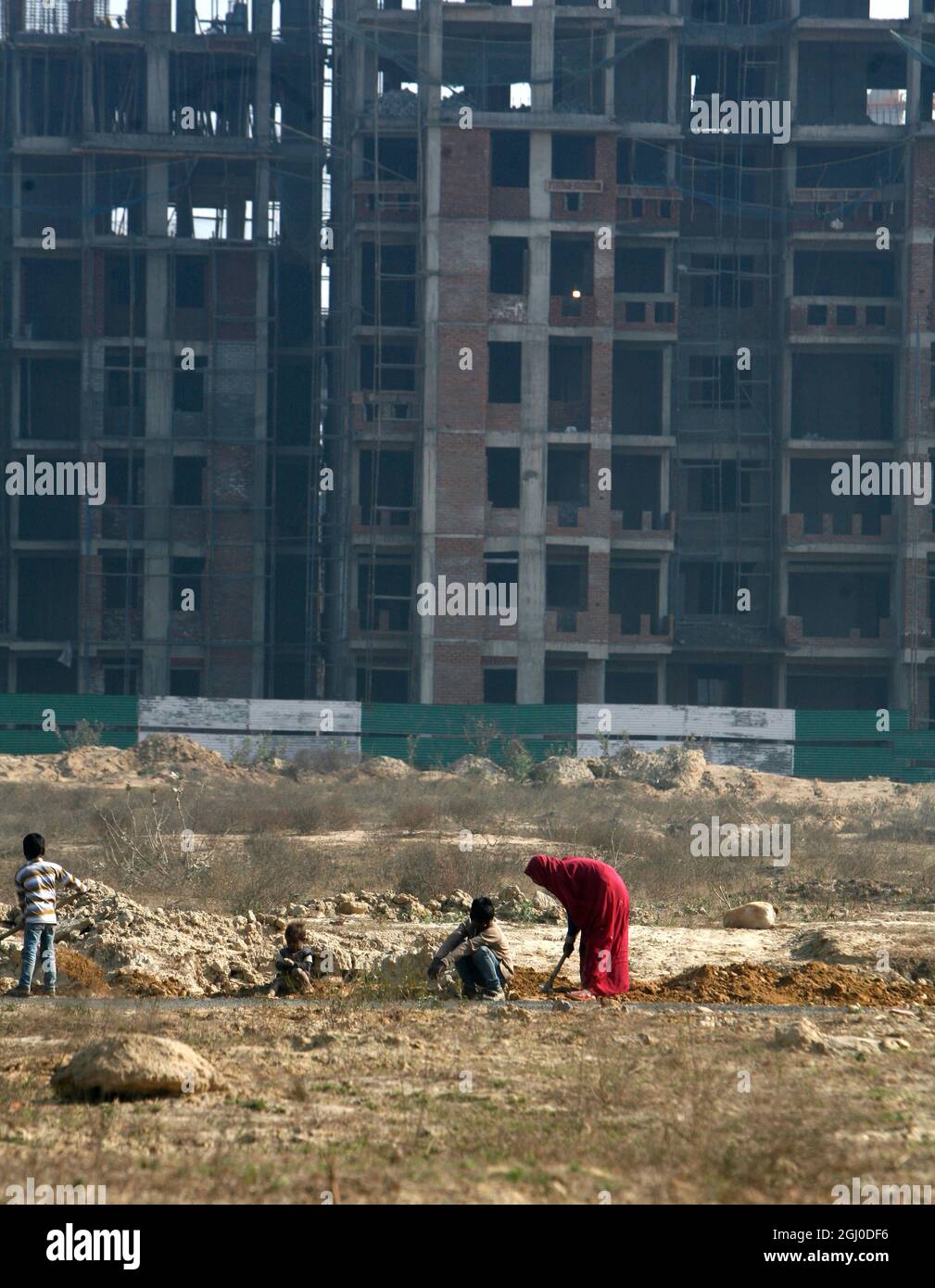 A view of a construction site of residential apartment in Greater Noida Delhi NCR, India. Stock Photo
