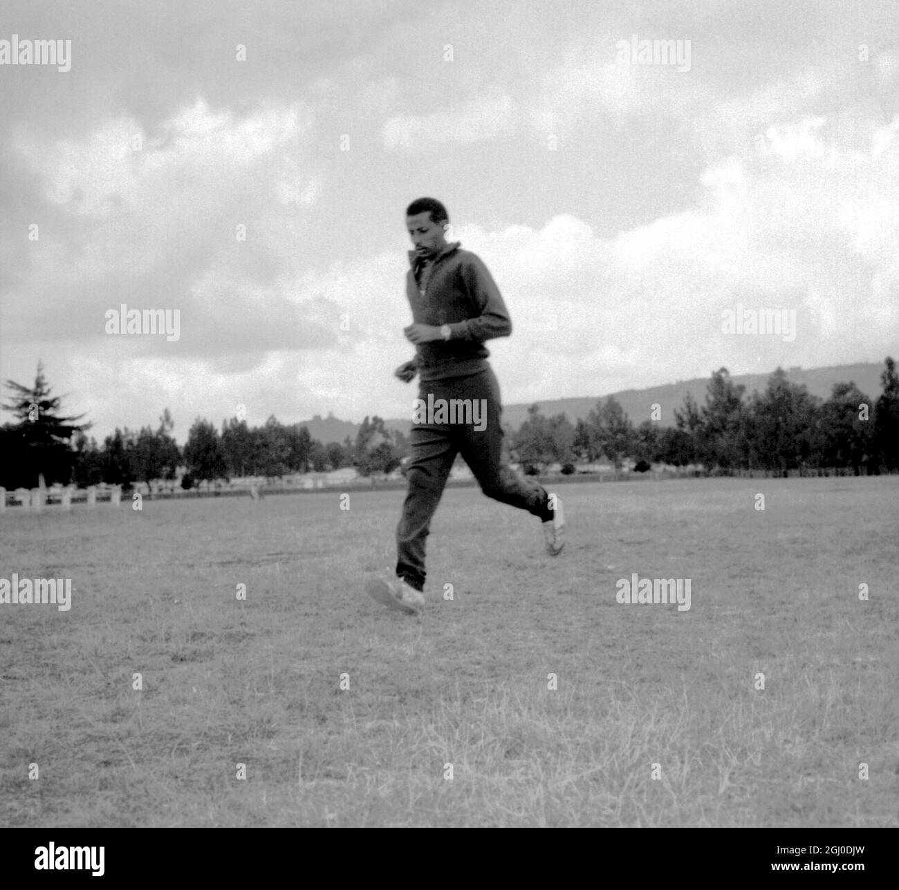 Addis Ababa, Ethiopia. Olympic games marathon winner in Rome, 1960, Ethiopia's Abebe Bikila is pictured during training in readiness for next year's Tokyo games. 5th December 1963 Stock Photo