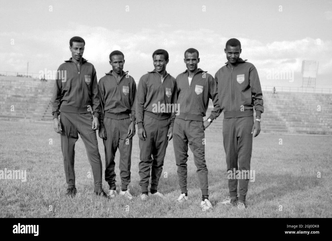 Ethiopian athletes who are to participate in the 1964 Olympic Games at Tokyo are seen in this picture taken during a training session in Addis Ababa. They are Abebe Bikila; Mamo Wolde; Demissi Wolde; Subsibe Mamo and Tegegn Bezabeh. 25th September 1964. Stock Photo