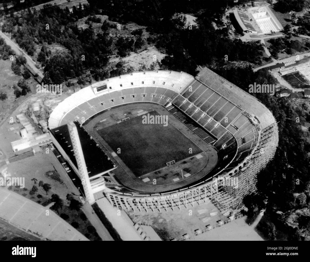 An aerial view of the Helsinki stadium where the 1952 Olympic Games will be held. The stadium, now being enlarged in readiness for this world event, was to have been used for the 1940 Olympics which was cancelled owing to the war. 3rd October 1950. Stock Photo