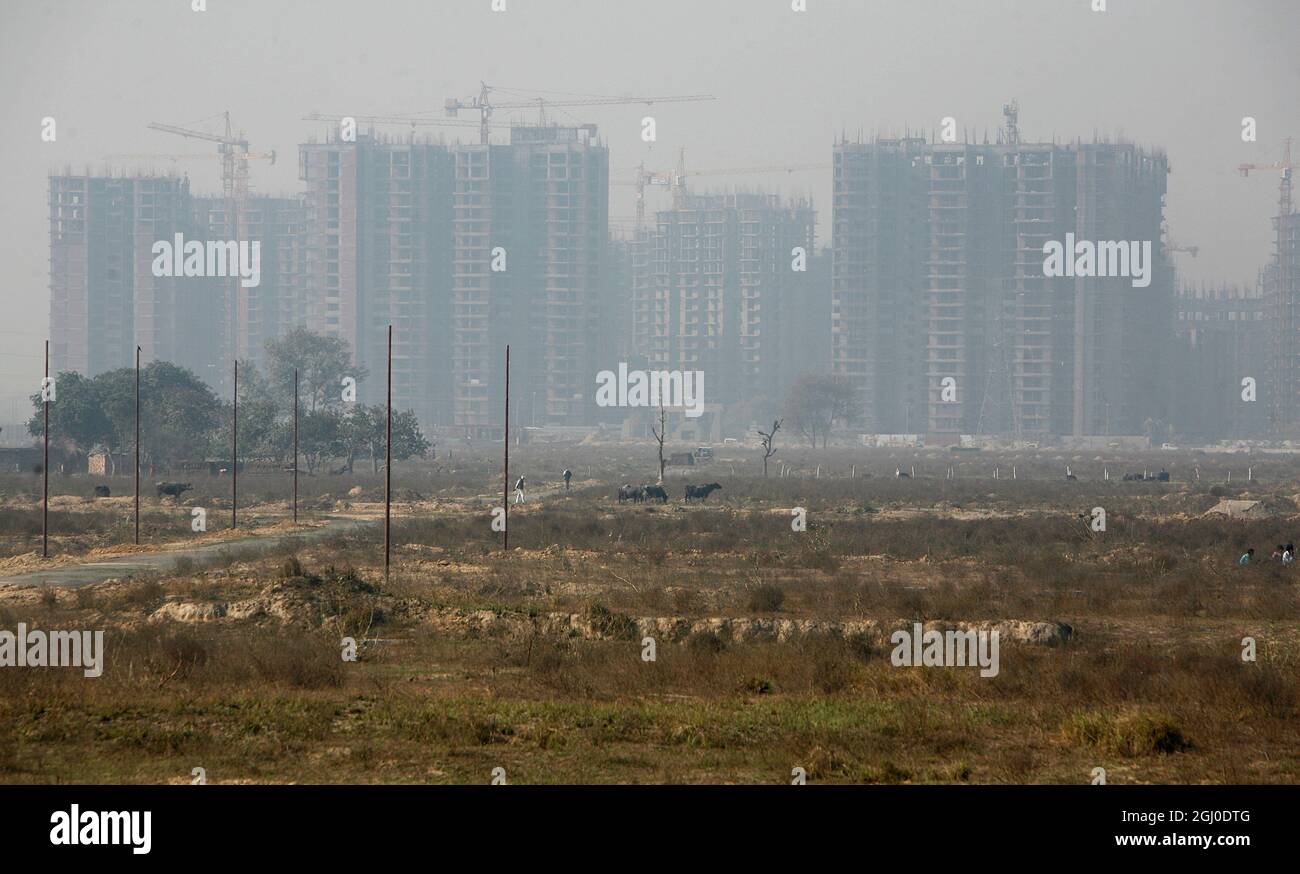 A view of a construction site of residential apartment in Greater Noida Delhi NCR, India. Stock Photo