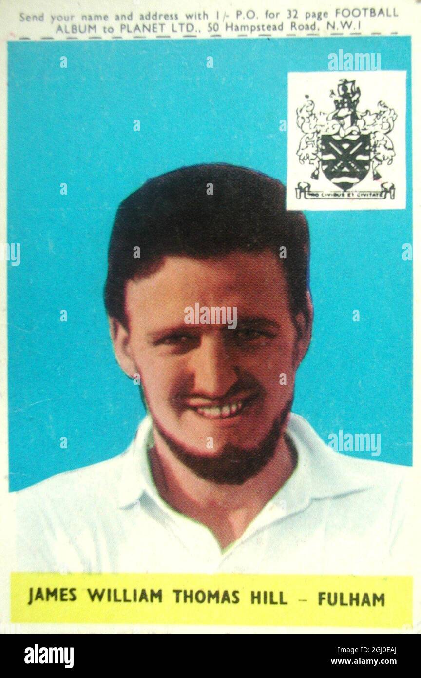 James William Thomas (Jimmy) Hill Born in Balham and after playign for Reading as an amateur in 1948, signed professional forms for Brentford in 1949. In 1952 he was transferred to Fulham and has played for the club ever since. He has played one game for an England B XI. During his footballing career he has played in every position except goalkeeper and outside left. The only bearded professional footballer, he is also Chairman of the Professional Footballers' Association. Formerly an attacking wing half, last season he began to play regularly at inside forward, scoring 23 goals, six of them i Stock Photo