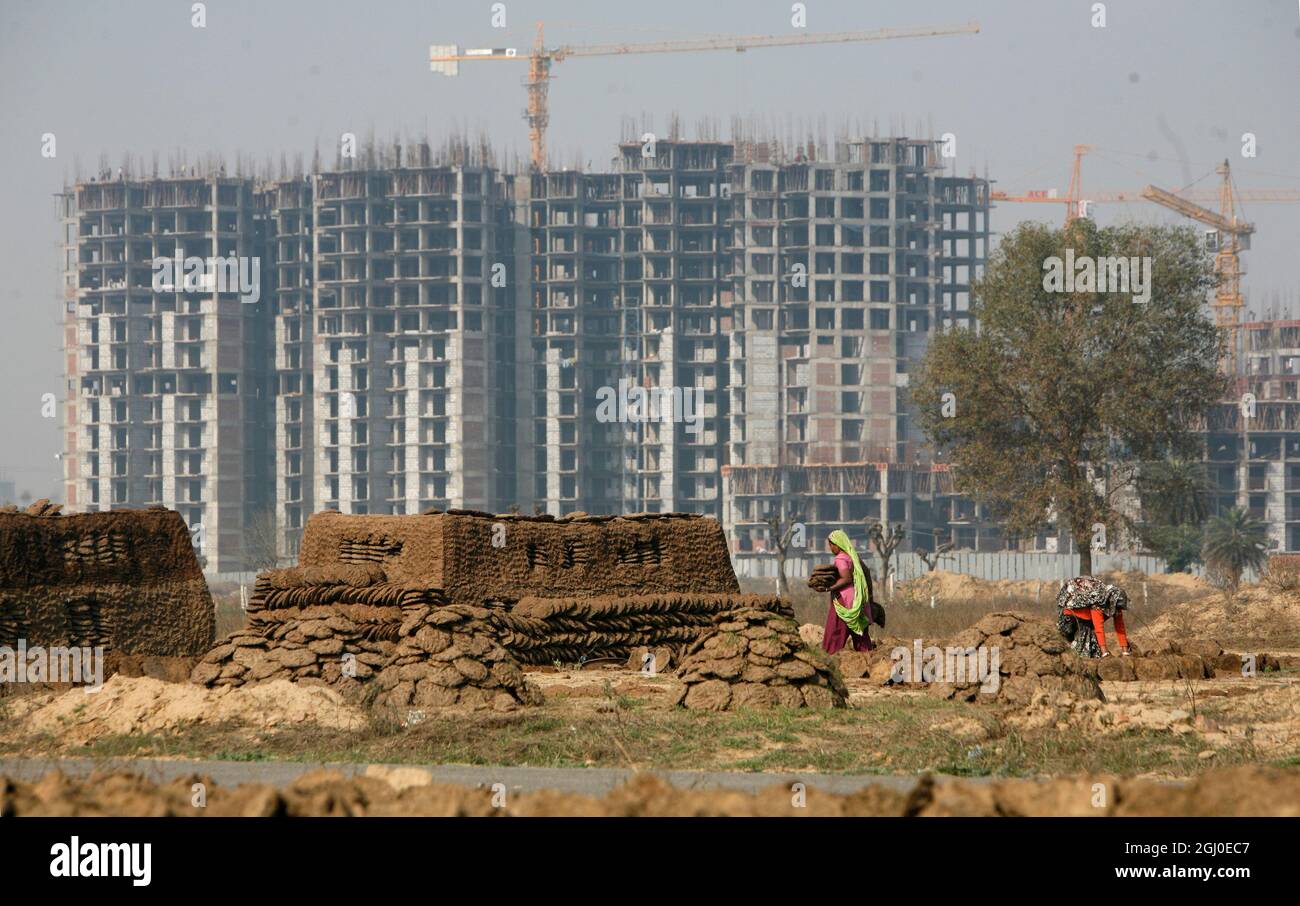 A view of a construction site of residential apartment in Greater Noida Delhi NCR, India. Stock Photo
