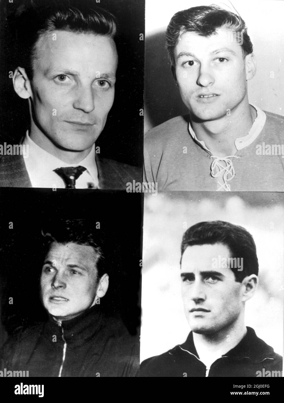 Members of the West German football team expected to play in the World Championships in Chile in 1962. they are left to right, top row :Berti Kraus (forward), Friedel Lutz (defence). Bottom row, left to right:Hans Tilkowski (goalkeeper), and Thielen (forward). 18th December 1961. Stock Photo