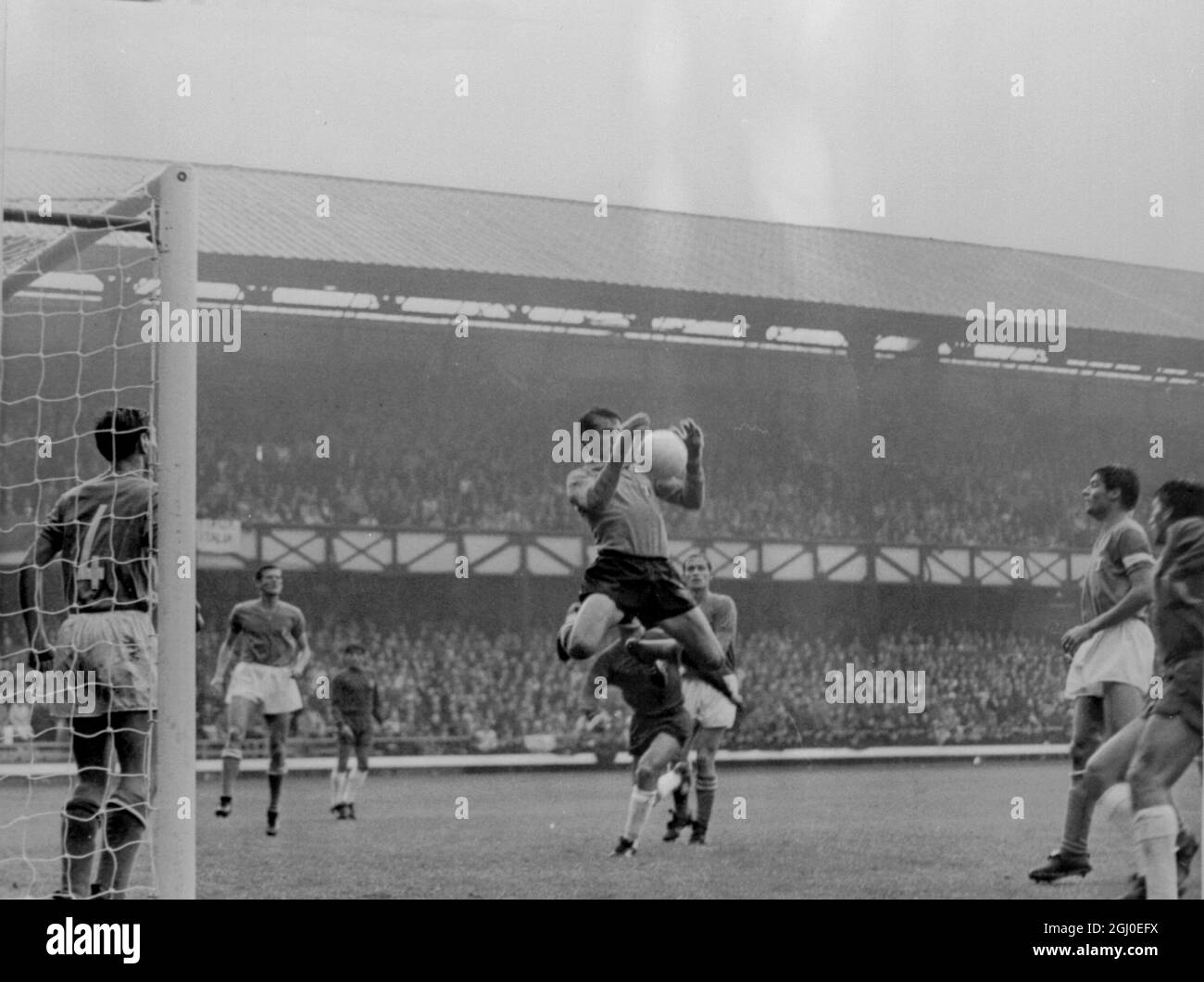 Italy v Chile Italian goalkeeper Enrico Albertosi leaps to save the ball during a Chilean attack in the World Cup match at Roker Park. 14th July 1966. Stock Photo