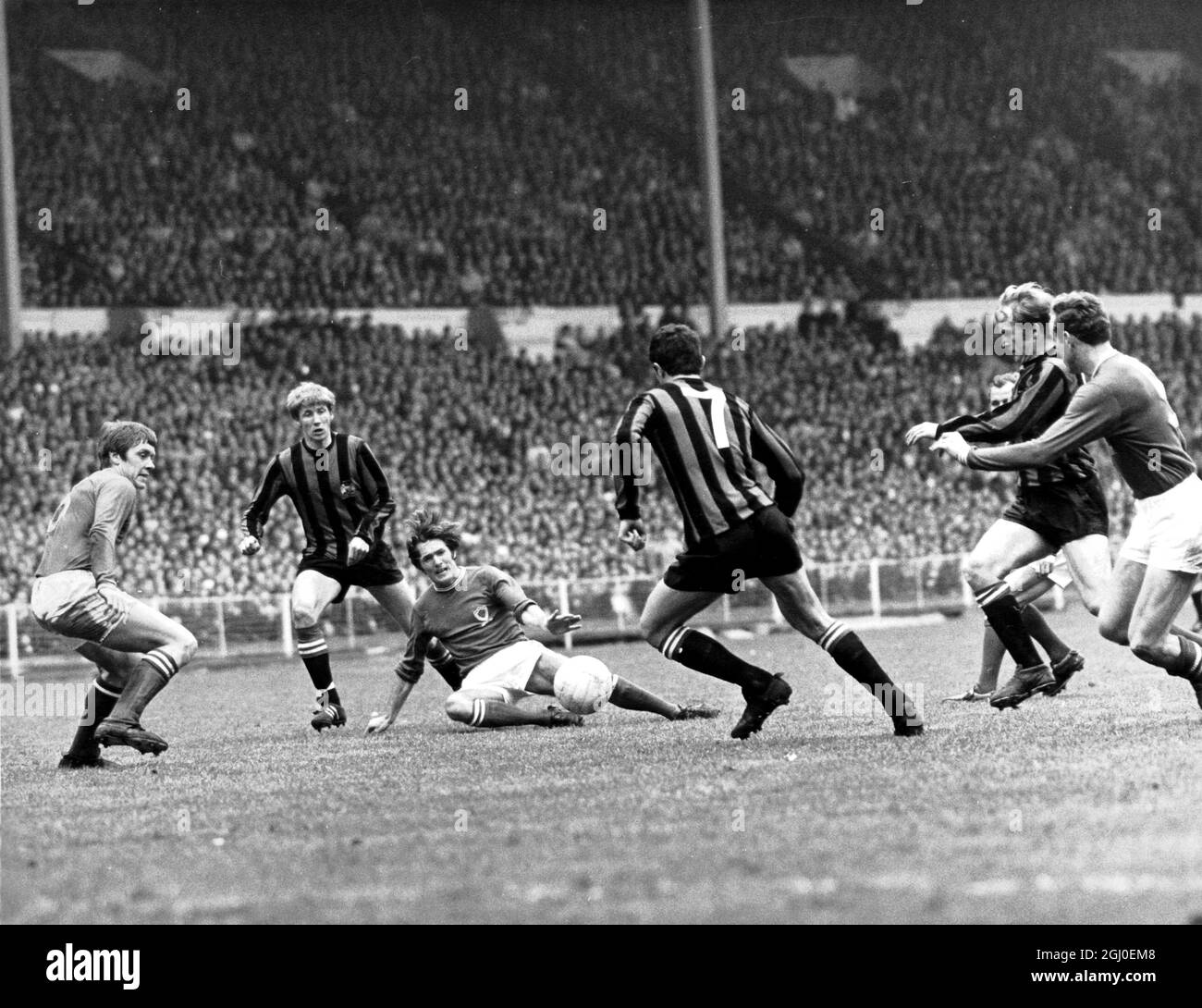 1969 FA Cup Final Manchester City v Leicester City Leicester City captain David Nish, Colin Bell (Manchester City), Len Glover (Leicester City), Mike Summerbee (Manchester City), Francis Lee (Manchester City) and Alan Woollett (Leicester City) in action during the final. 26th April 1969. Stock Photo