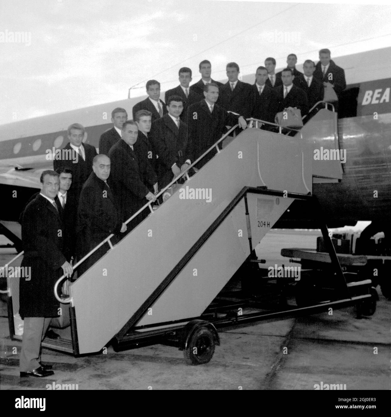 The Italian Football League Team seen on their arrival at London Airport on their way to Scotland. They are to meet the Scottish League in Glasgow. Four of the Italian team, Gerry Hitchens, Joe Baker, John Charles and Denis Law are British. 30th October 1961. Stock Photo