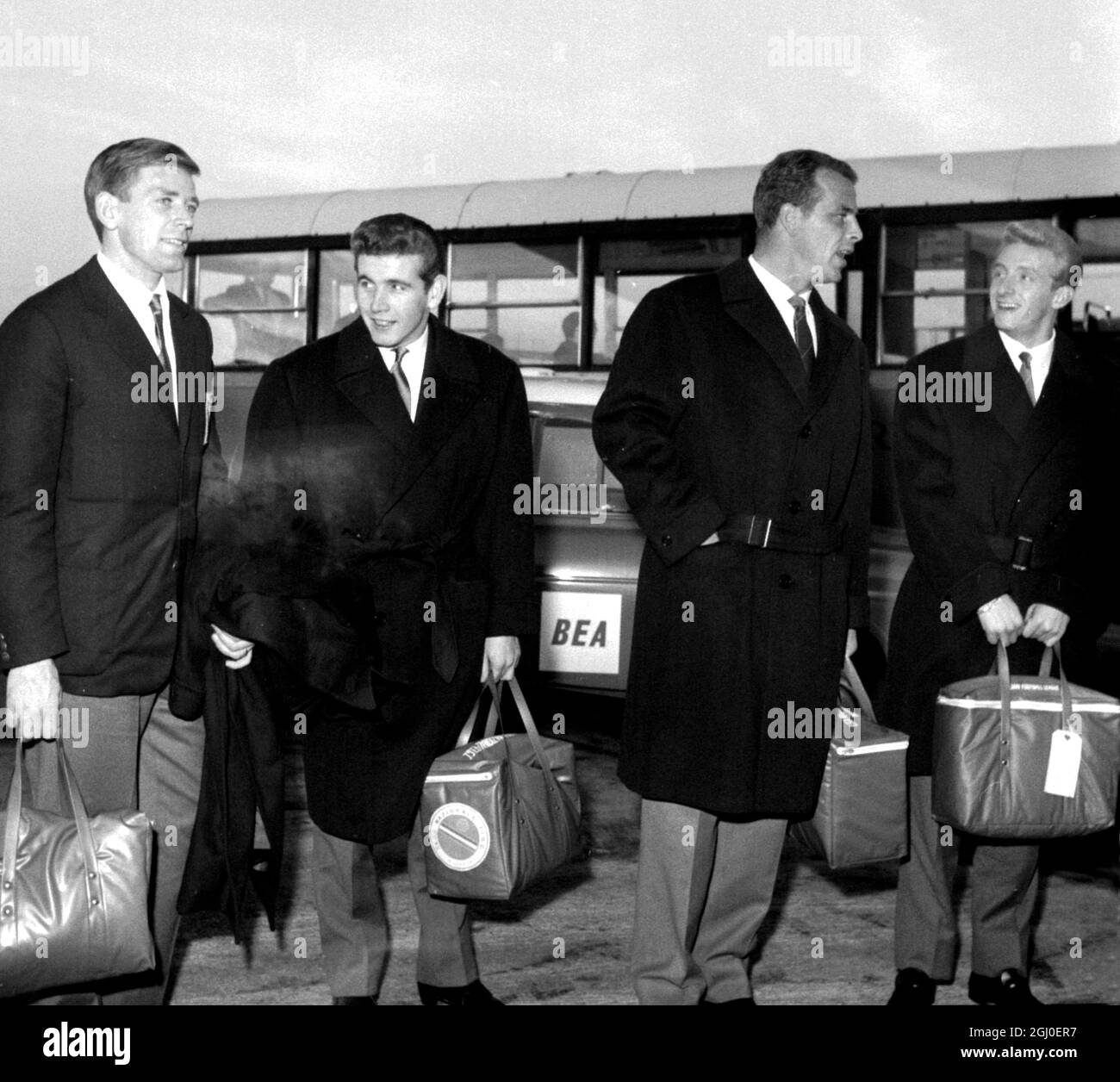 The Italian Football League Team arrived at London Airport on their way to meet the Scottish League team in Glasgow. Four members of the Italian team are British. They are, Left to right: Gerry Hitchens, Joe Baker, John Charles and Denis Law. 30th October 1961. Stock Photo