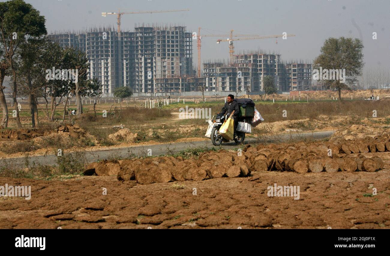 A view of a construction site of residential apartment in Greater Noida Delhi NCR, India. Stock Photo