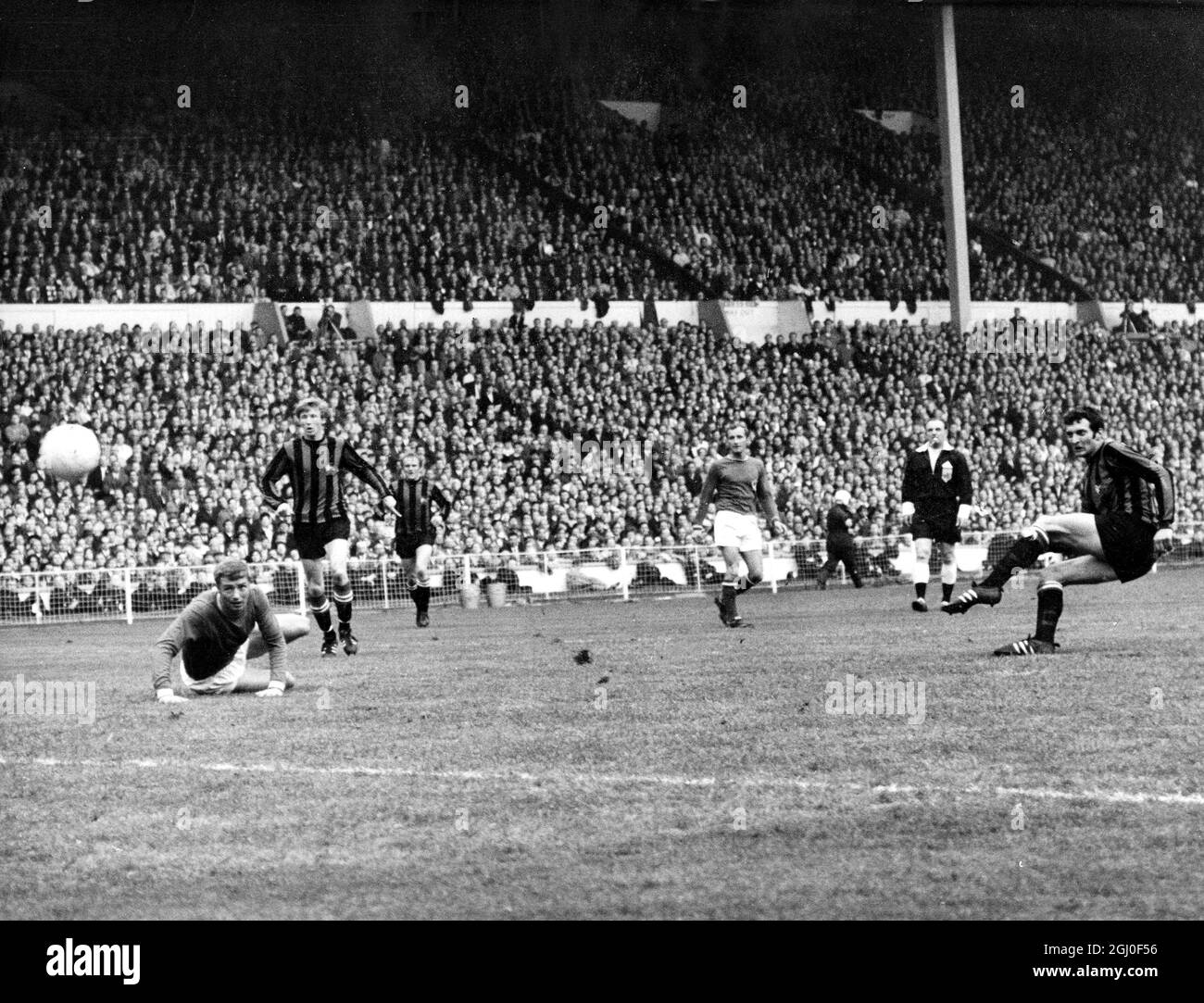 1969 FA Cup Final Manchester City v Leicester City Neil Young scores the one and only goal of the match to give victory to Manchester City. 27th April 1969. Stock Photo
