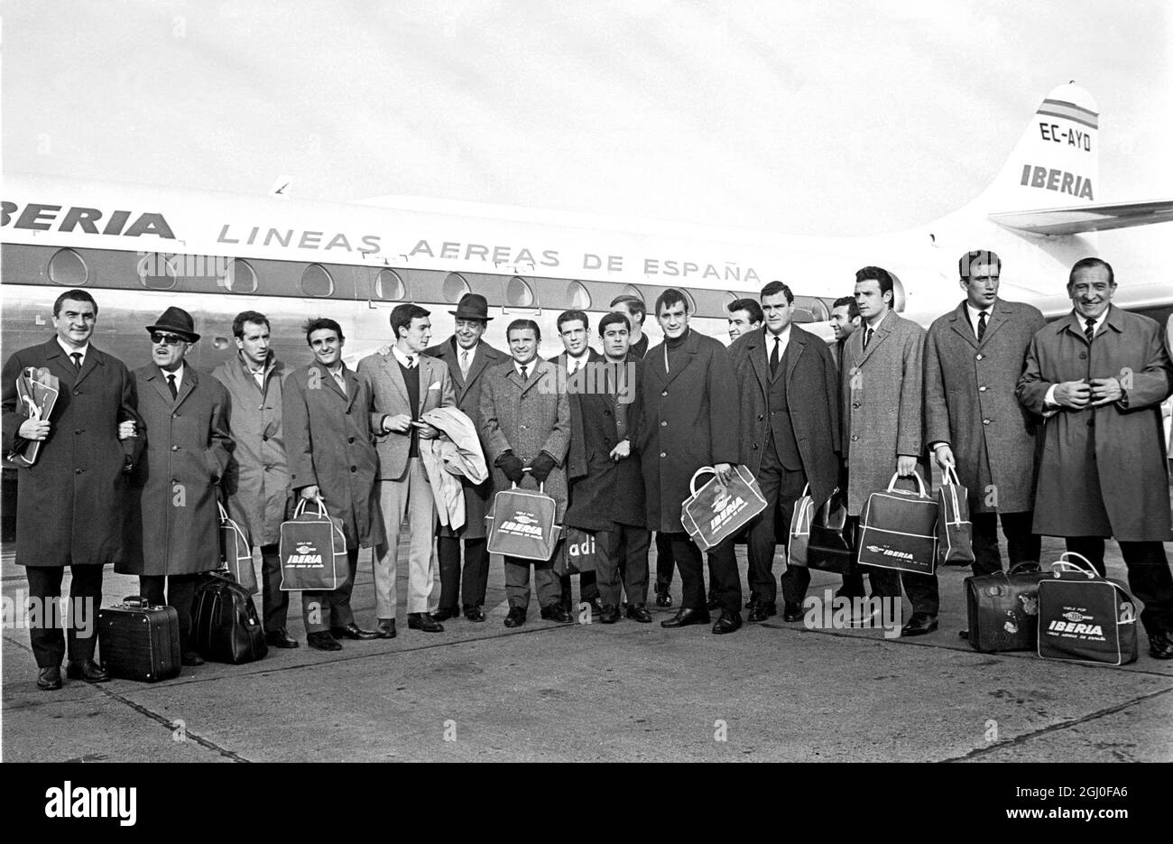 Members of the Real Madrid football team are seen arriving at London Airport for their European match with Chelsea of England. 21st November 1966 Stock Photo