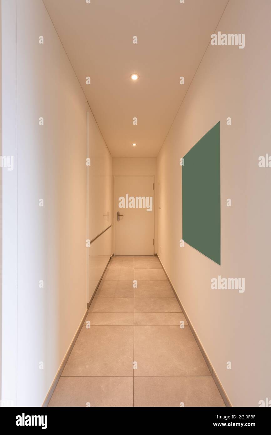 Interior of a long corridor of an apartment. At the bottom a closed door Stock Photo