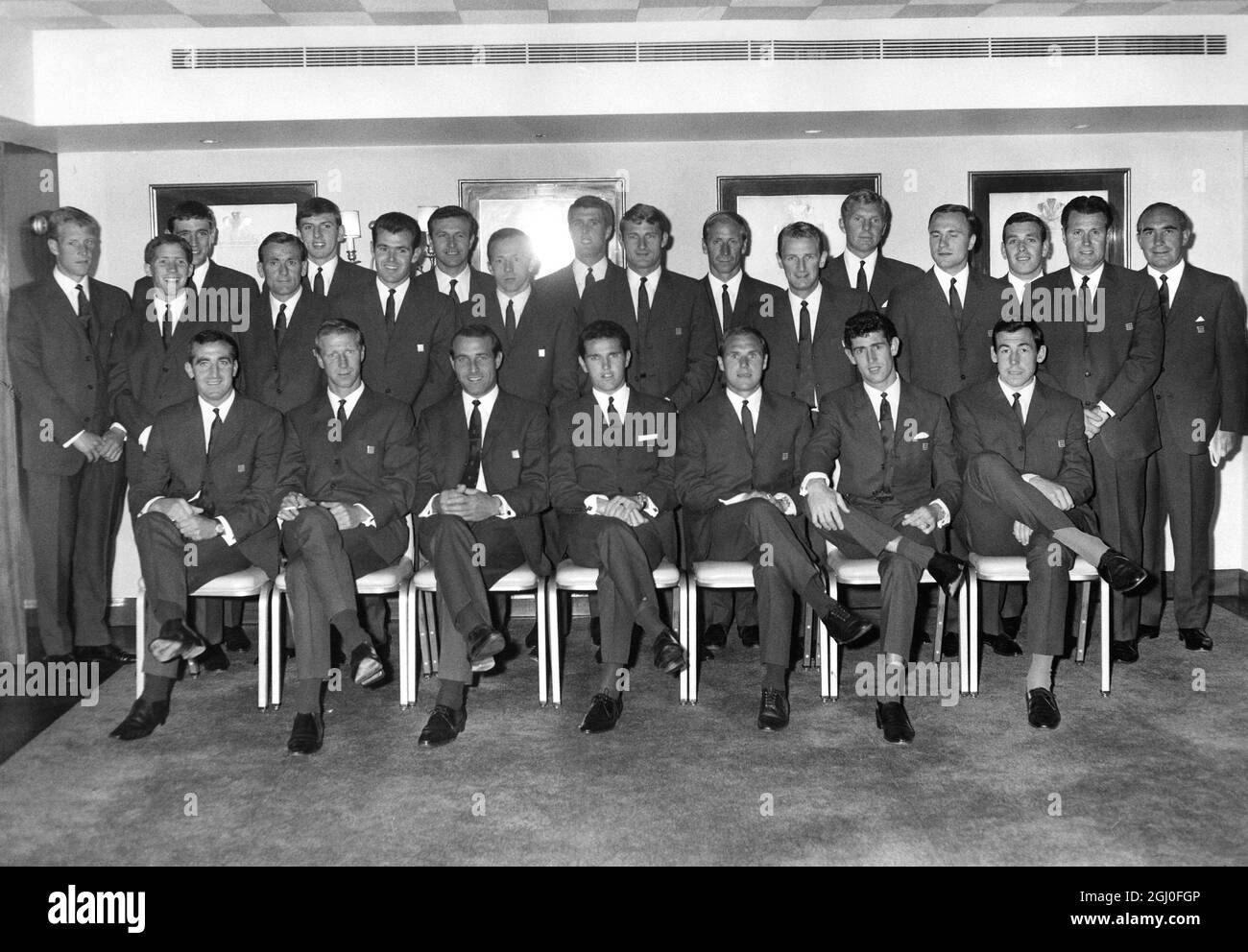 The England World Cup squad are pictured at the Hilton Hotel in London. 20th June 1966. Stock Photo