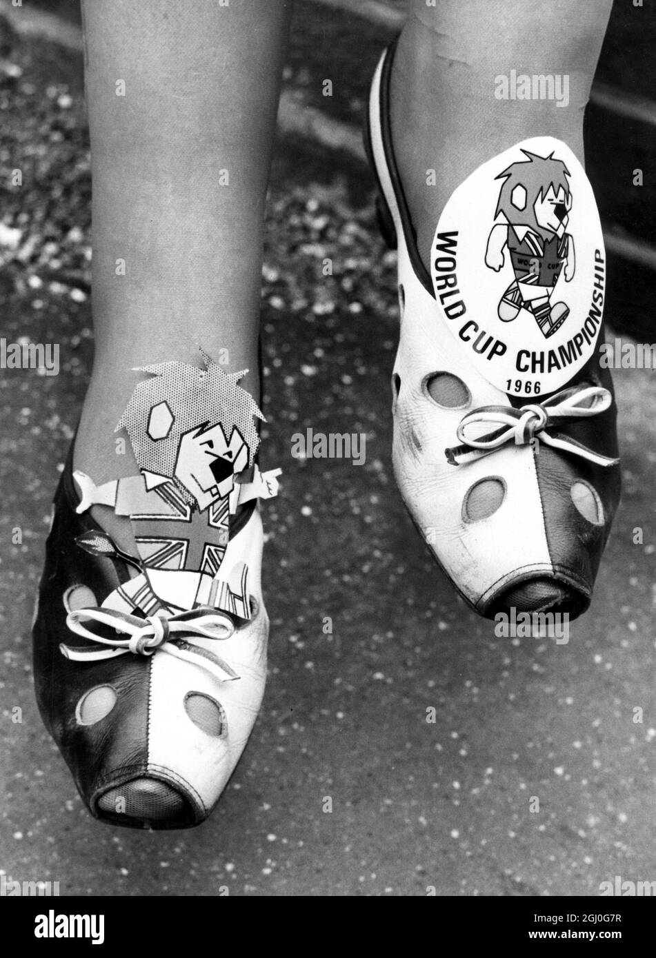 1966 World Cup decorative shoes worn by a female fan at the England v Uruguay match. 11th July 1966 Stock Photo