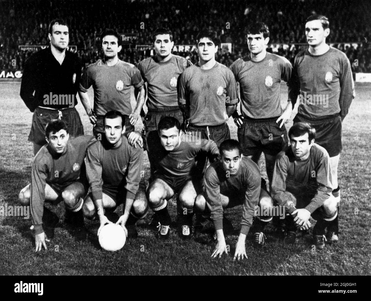 Spanish National Football Team (back, l-r) Antonio Betancourt, goalkeeper; Feliciano Rivilla, right-back; Fernando Olivella, centre-half; Isacio Galleja, left-back; Jesus Glaria, right-half; Ignacio Zoco, left half-back; (front l-r) Armando Ufarte, right-wing; Emilio Zaballa, inside-right; Marcelino MArtinez, centre-forward; Luis Suarez, inside-left; and Carlos Lapetra, outside-left. 17th January 1966 Stock Photo