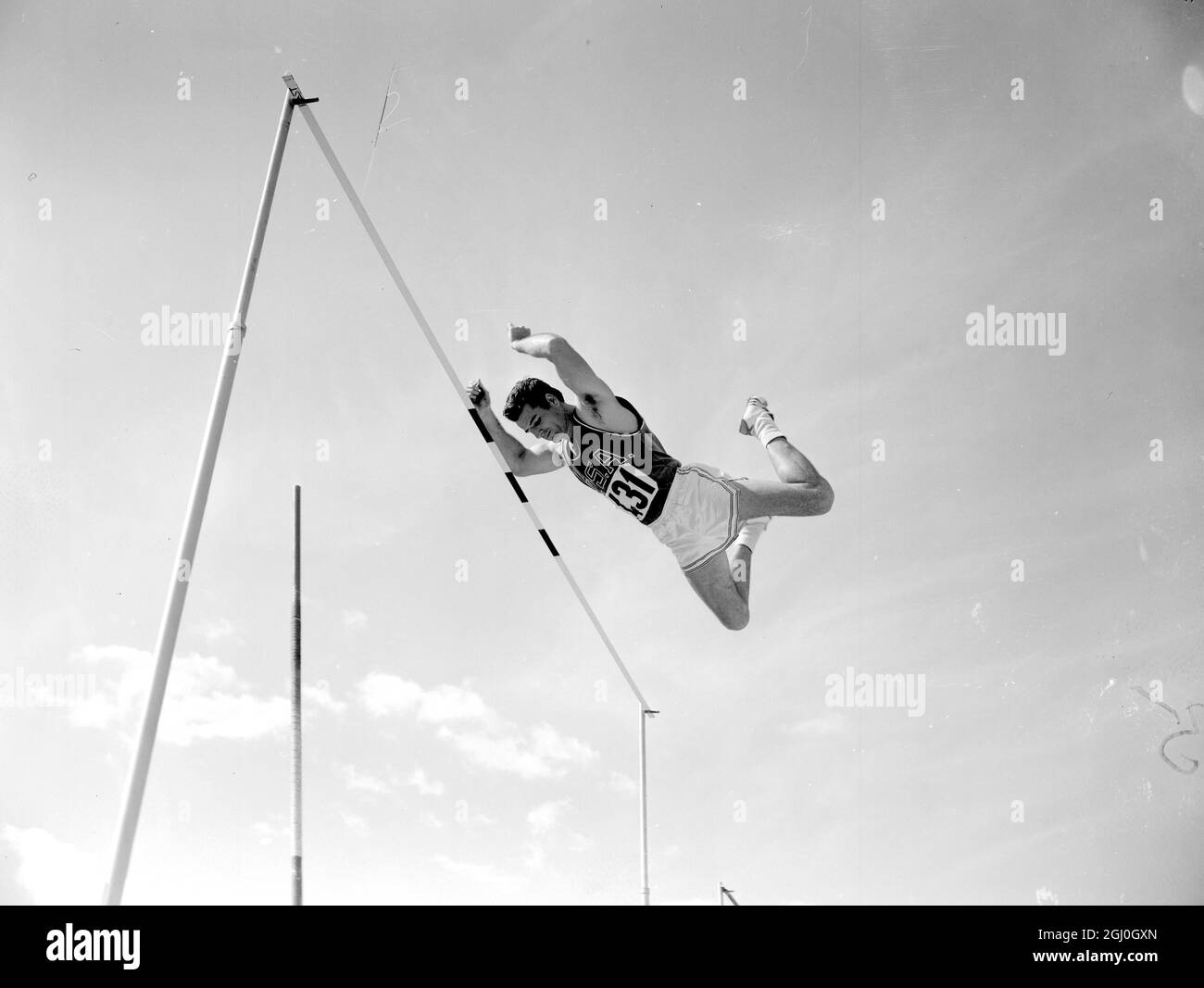 Rome: D Bragg, USA in Mens Pole Vault Event at Olympic Games in Rome. Won with vault of 15ft 5 ins. Won Gold Medal. created new new olympic record. 8 September 1960 Stock Photo