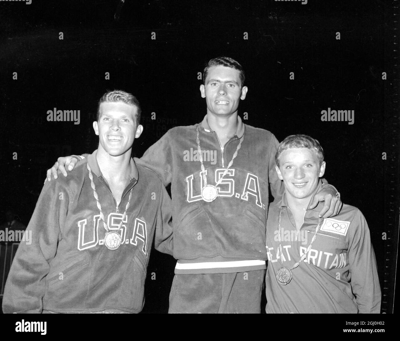 Rome: Britain's Brian Phelps (bronze third) Robert Webster of America (centre Gold Medalist) and Gary Tobian (left Silver Medalist) at Olympic Games in Rome. 2 September 1960 Stock Photo