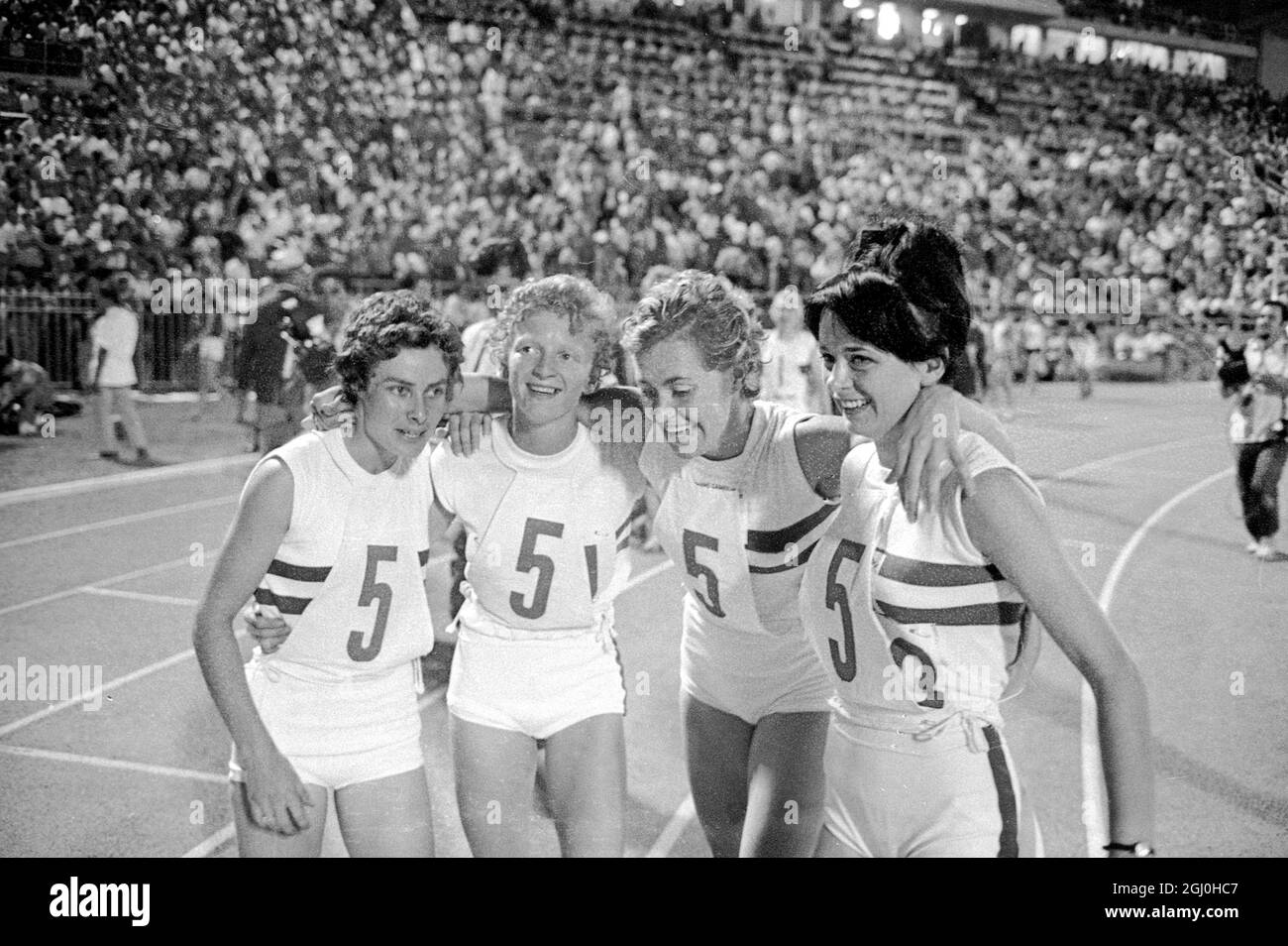 Athens: Four happy looking British girls after winning the Women's 400 meters Relay in the European Athletics Championship her on September 20th, in a time of 3 mins, 30.8 seconds a world record. Left to Right they are: Rosemary Stirling Patricia Lowe; Lilian Board; who was voted women athlete of the European Championships and Janet Simpson. In second place were the French team, who recorded the same time. 22 September 1969 Stock Photo