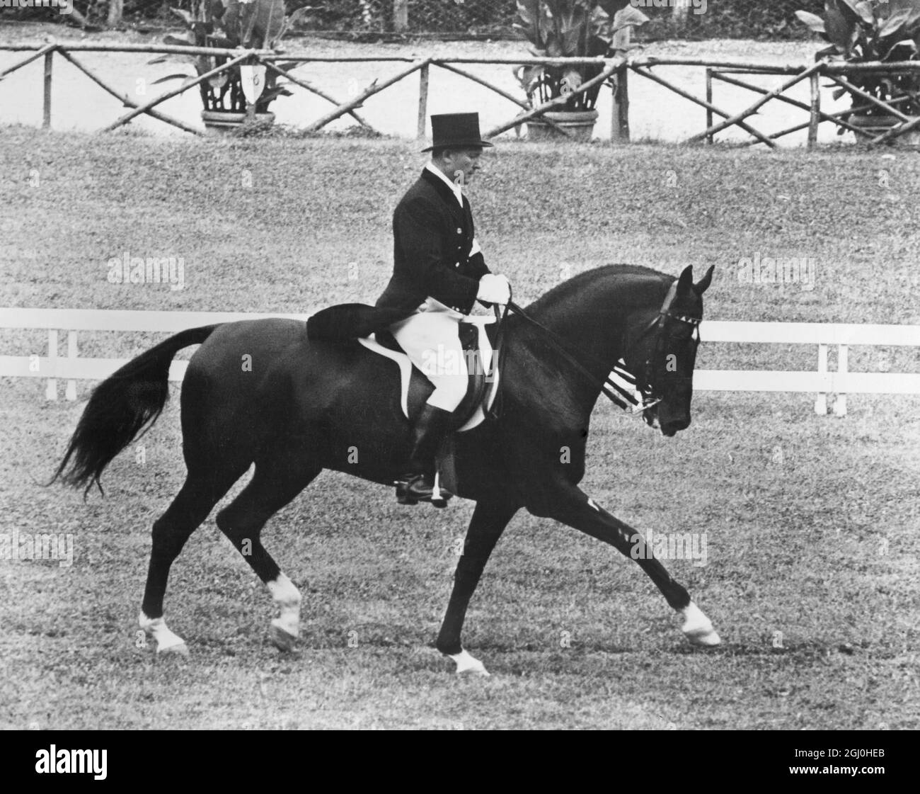 The Russian dressage ace Sergei Filatov on black stallion Absent. The start of the dressage event of the Olympic Games in Rome - 6th September 1960 - He came first and was the winner of the gold medal in the Olympic Grand Prix de Dressage. - ©TopFoto Stock Photo