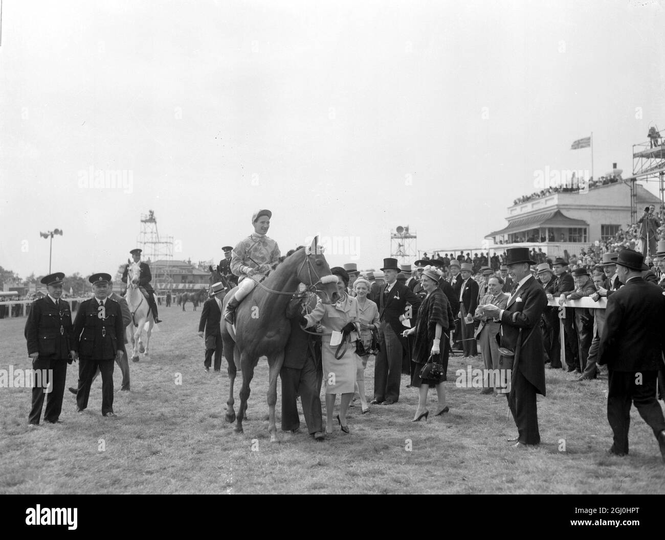Epsom, Surrey, London: 1961 Derby Winner Psidium is led into the unsaddling enclosure here by his owner Mrs Arpad Plesch, as jockey Rodger Poincelet smiles and looks well satisfied with life. he was given the chance of the ride in Paris last night. 31 May 1961 Stock Photo