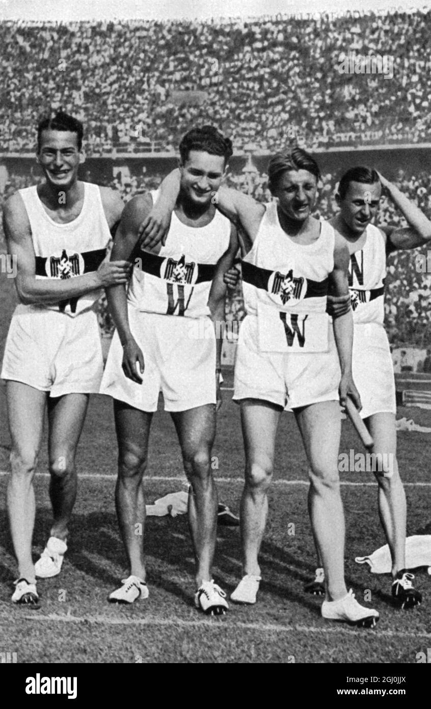 1936 Olympics, Berlin - The German 4x100-m relay team after their success, won by Laufer v Stulpnagel, Voigt, Harbig and Hamann. (Die Deutsche 4x100 m staffel nach ihrem schonen Erfolg, den die Laufer v. Stulpnagel, Voigt, Harbig und Hamann erzielten.) ©TopFoto Stock Photo