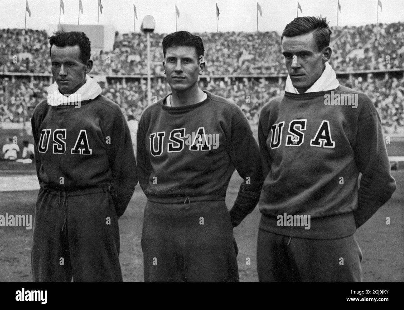 1936 Olympics, Berllin - First, second and third in the Decathlon events overall. (l-r) Robert Clark (USA 2nd), Glenn Morris (USA first) and John Parker (USA third) ©TopFoto Stock Photo