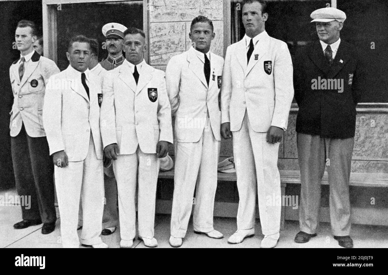 1936 Olympics, Berlin - Successful German team: (from left) Jakob Brendel, Fritz Schafer, Ludwig Schwelckert, Kurt Hornfischer. (Deutschlands erfolgreiche Ringer: (von links) Brendel, Schafer, Schwelckert, Hornfischer.) ©TopFoto Stock Photo