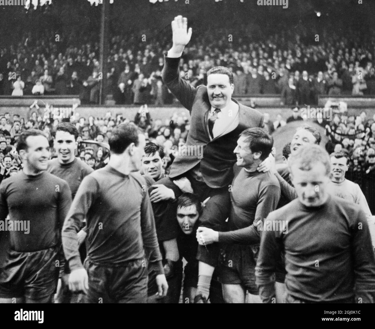 Glasgow: The man who made it possible for Scotland's Glasgow Celtic is hoisted on the shoulders of his players He is Jock Stein manager of Celtic, Britain's most successful football team of the season. Later this month Celtic hope to add the European Cup to the Scottish League Cup, the Scottish Cup, the Scottish League Championship cup, the Glasgow Cup and the Second XI League Cup. This picture was taken last night when Celtic defeated kilmarnock 2-0 in a league match. 16 may 1967 Stock Photo
