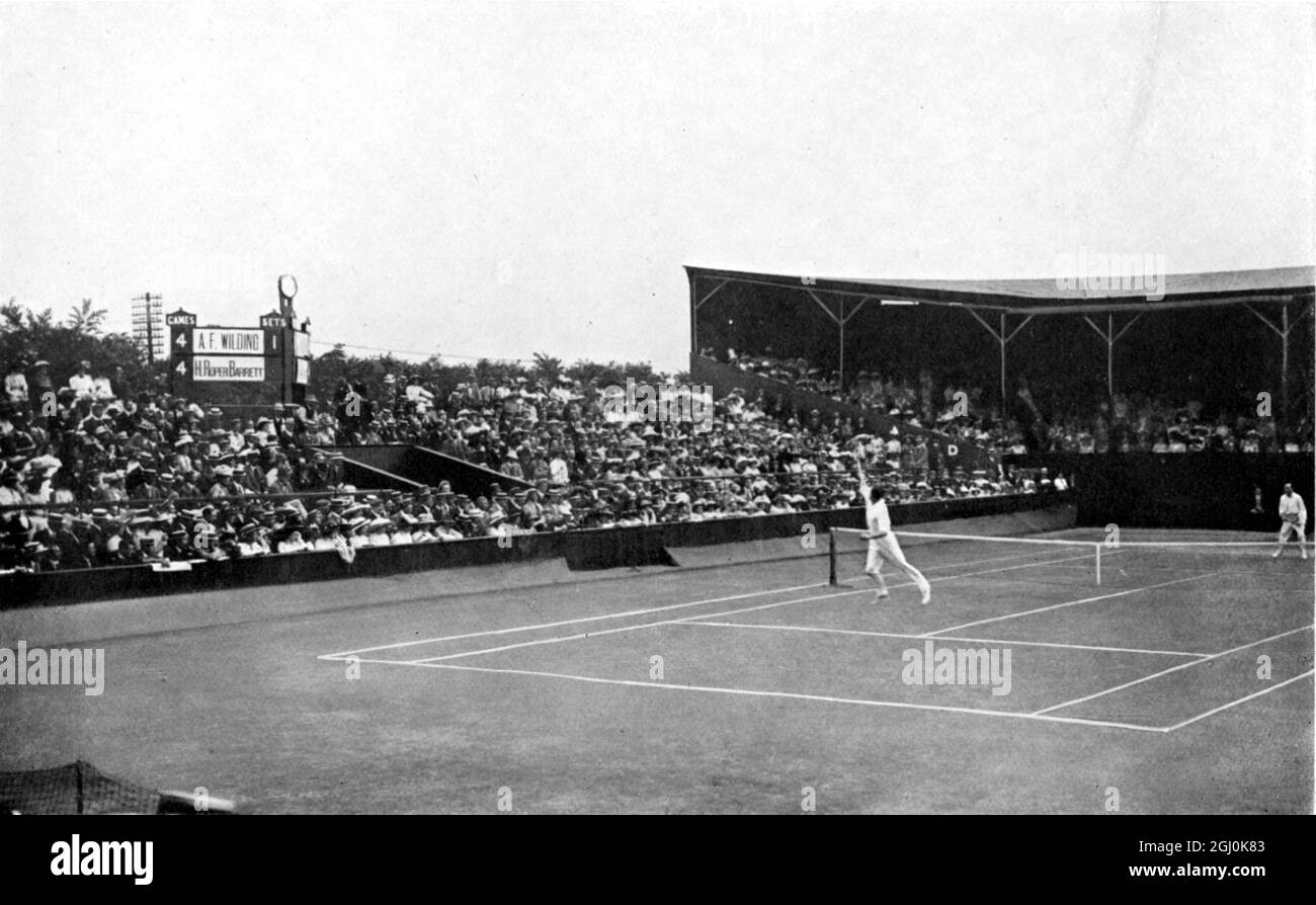 Singles Challenge round : A. F. Wilding v. H. Roper Barrett 1911. Anthony (''Tony'') Frederick Wilding (born 31 October 1883 in Christchurch, New Zealand - died 9 May 1915 near Neuve-Chapelle, Pas-de-Calais, France) was a champion tennis player and a soldier killed in action during World War I. He was the World No. 1 player in 1913. Herbert Roper Barrett, KC (born November 24, 1873 in Upton, Essex - died July 27, 1943 in Horsham, Sussex) was a tennis player from Great Britain. At the London Olympics in 1908 he won a gold medal in the men's indoor doubles event with Arthur Gore. They also won t Stock Photo