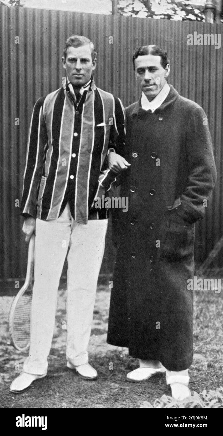 A. F. Wilding and N. E. Brookes 1907 - Anthony (''Tony'') Frederick Wilding (born 31 October 1883 in Christchurch, New Zealand - died 9 May 1915 near Neuve-Chapelle, Pas-de-Calais, France) was a champion tennis player and a soldier killed in action during World War I. He was the World No. 1 player in 1913. Norman E. Brookes - Sir Norman Everard Brookes (born 14 November 1877 in Melbourne, Victoria - died 28 September 1968 in Melbourne, Victoria) was an Australian tennis champion and president of the Lawn Tennis Association of Australia. ©TopFoto Stock Photo