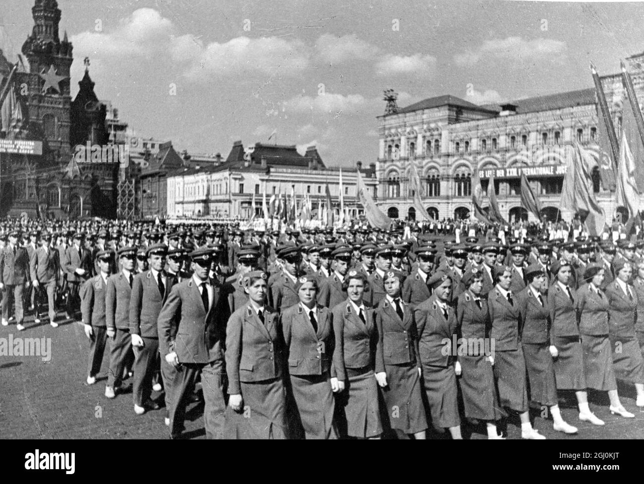 A million young athletes, drawn from all sports societies in all parts of the Soviet Union, paraded before Stalin and his chief ministers on the 23rd International Youth Day in Moscow Children from Republican Spain also took part in the gigantic display. Young pupils of a Flying School.. 19 September 1937 Stock Photo