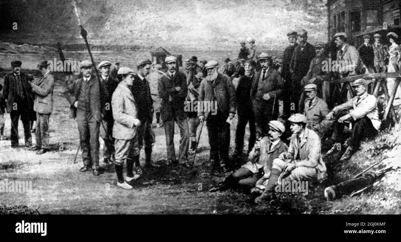 Every living open champion in 1905 (l-r standing but excluding the first two) J H Taylor, Jack White, Harold Hilton, John Ball, James Braid, Tom Morris (with stick), Bob Ferguson, Willie Auchtrlonie, Jamie Anderson, D Brown, Bob Martin, Willie Fernie. (sitting from l-r) Sandy Herd, Harry Vardon, Willie Park, Jack Burns. ©TopFoto Stock Photo