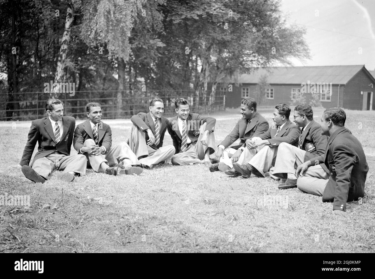 The Ceylon Olympic Team that arrived in the country last night, spent their first day leisurely at the Olympic Camp in Richmond Park, London. The Ceylon Olympic team left to right:- Edward Gray, Albert Perera, Duncan White, John De Sarem, Mr Perera (team manager), George Peiris, Leslie Handunge and Alexander Obeyesekere, 13 June 1948 Stock Photo