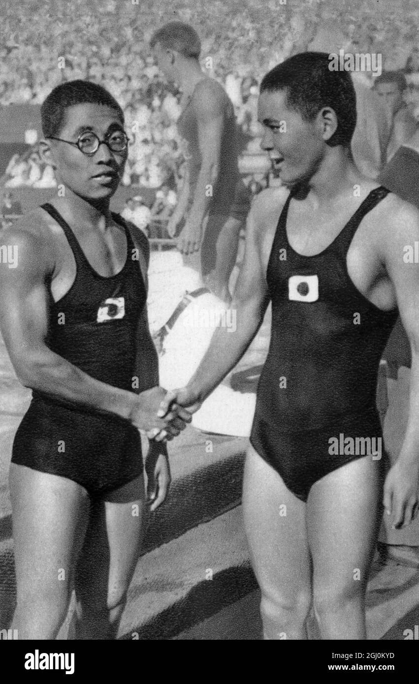 1932 Olympic Games, Los Angeles, USA, Swimming, Japanese swimming pair K, Kitamura (R) who won the gold medal with S, Makino who took silver in the Men's 1500 Metres Fresstyle Stock Photo