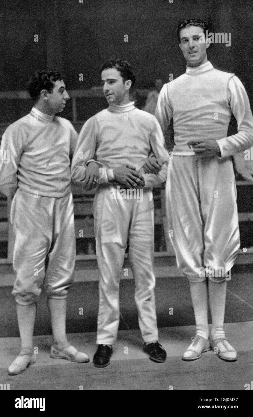 Fencing at the 1932 Olympic Games, Los Angeles, USA, Gold for Gilbert Gray & Andrew Libano, USA Medalists for the Men's Foil Gold Gustavo Marzi for Italy Silver Joseph Levis for USA Bronze Giulio Gardini, for Italy Stock Photo