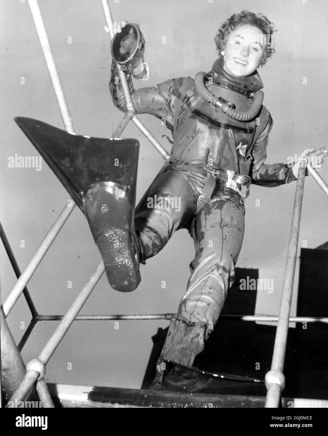 London England Exhibition Underwater Equipment 25 year old Rowena Ker of Stourbridge Worcestershire in frogman outfit . 25 March 1958 Stock Photo
