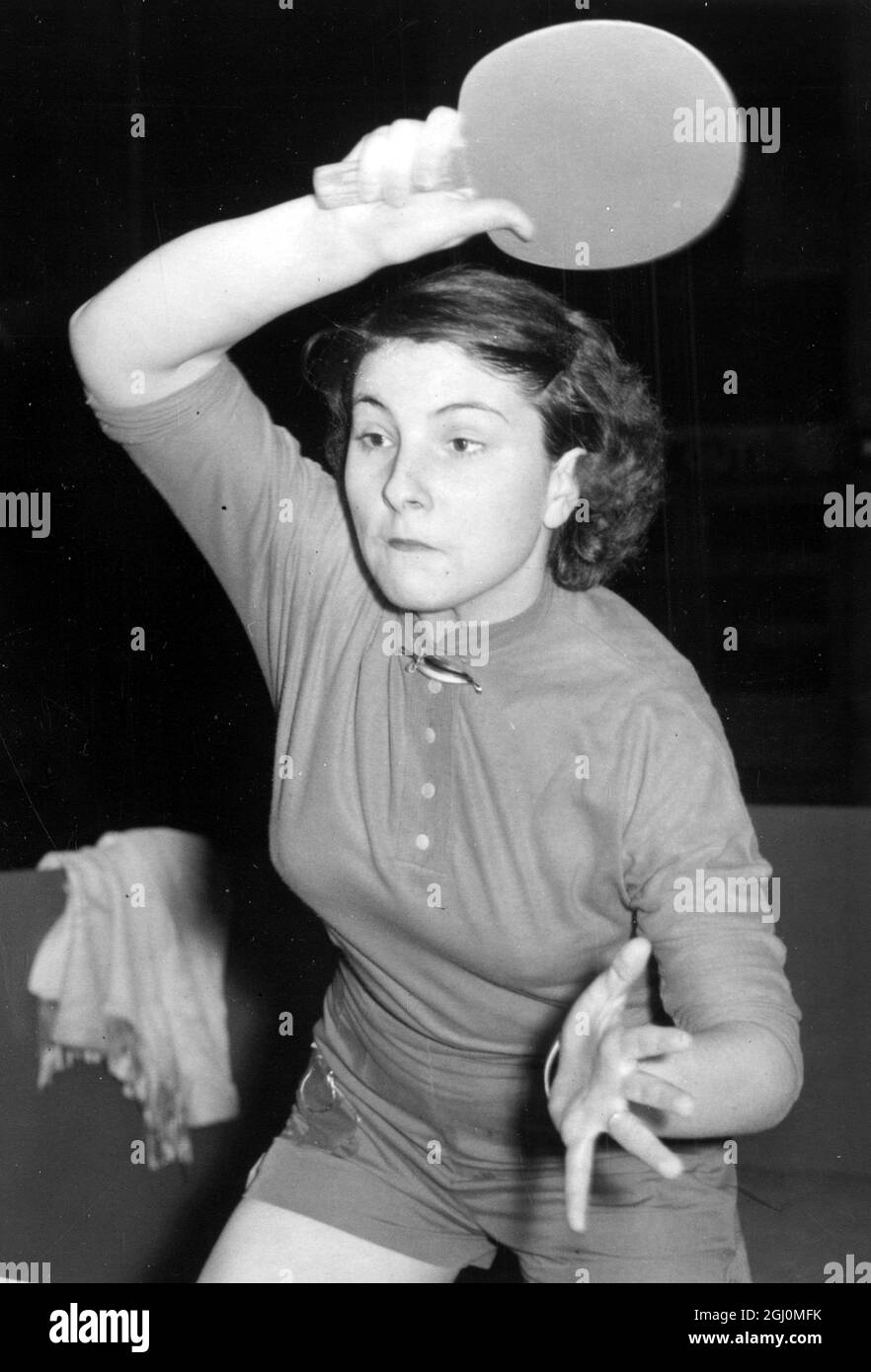 Miss J Koehnke , sister of Sharon Koehnke of Chicago USA reaches semi finals of Junior English Open Table Tennis Championships at Wembley Empire Pool . 28 March 1958 Stock Photo