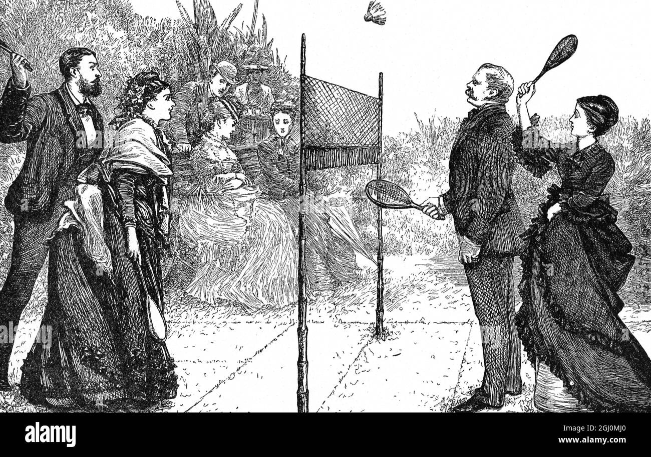 The New Game of Badmington in India Croquet has been quite superseded by Badmington in India . The game is furiously played with battledores and shuttlecocks , although in windy weather the heavier weapons of rackets bats and a woollen ball are substituted . 1874 Stock Photo