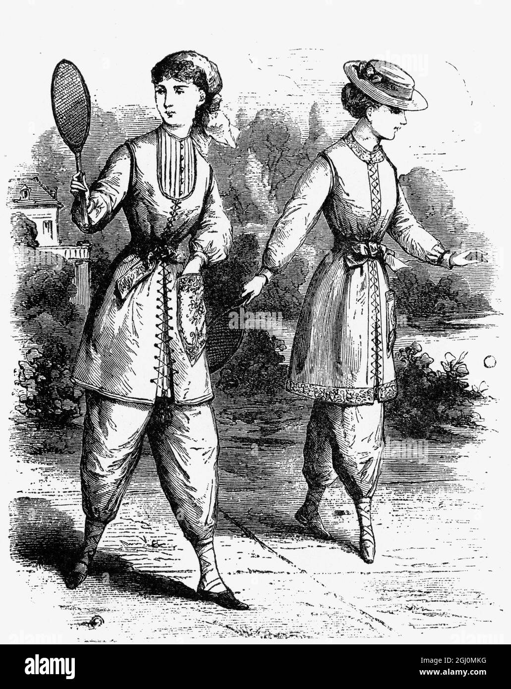 For Lawn Tennis This adaptation of the Moorish costume still worn in Portugal has been adopted by the English colony at Oporto for lawn tennis . The sleeveless bodice is worn over a shirt with long loose sleeves . The serge skirt is laced . Full and flowing Eastern pantaloons , tightly laced to the ankle , cover the legs . 1880 Stock Photo